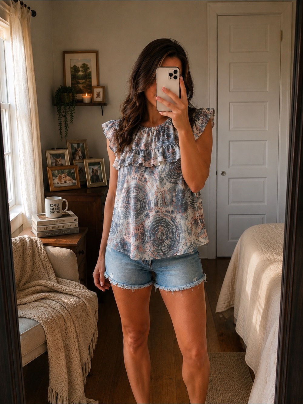 Ruffled Tie-Dye Swirl Short Sleeve Dress - Gray & Peach